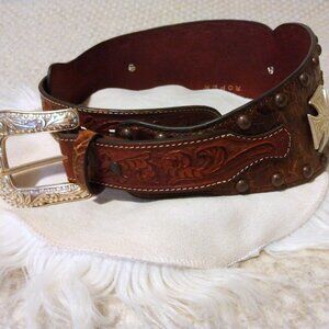 Roper Tooled Leather Wide Ranger Show Belt Rodeo Rhinestone Glam M Westerncore